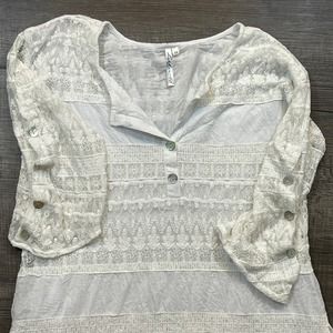 LuLu B White Cotton & Lace 3/4 Sleeve V-Neck Pearl Button Lined Shirt Size M